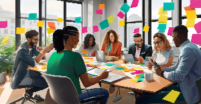 A diverse group of young professionals brainstorming around a conference table with sticky notes and digital devices, illuminated by natural light.