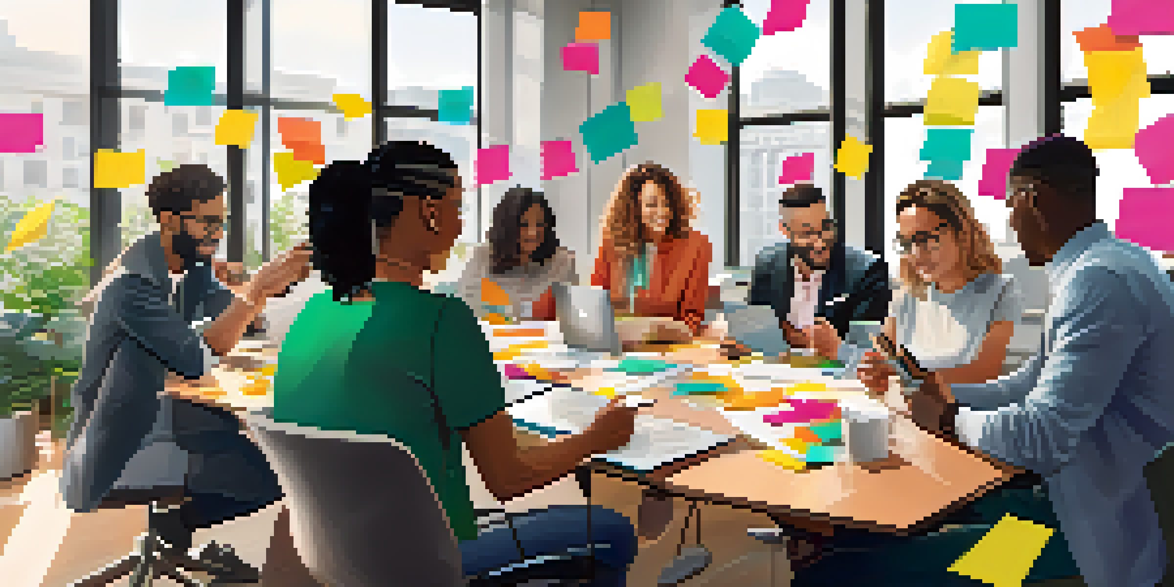 A diverse group of young professionals brainstorming around a conference table with sticky notes and digital devices, illuminated by natural light.