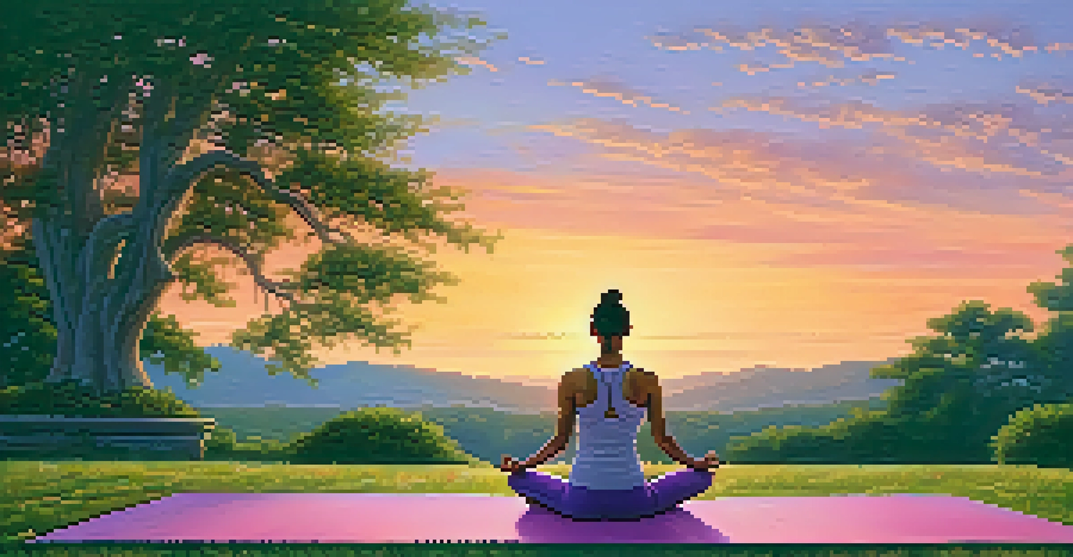 A person practicing yoga in a peaceful park at sunset, with vibrant colors in the sky and greenery around them.
