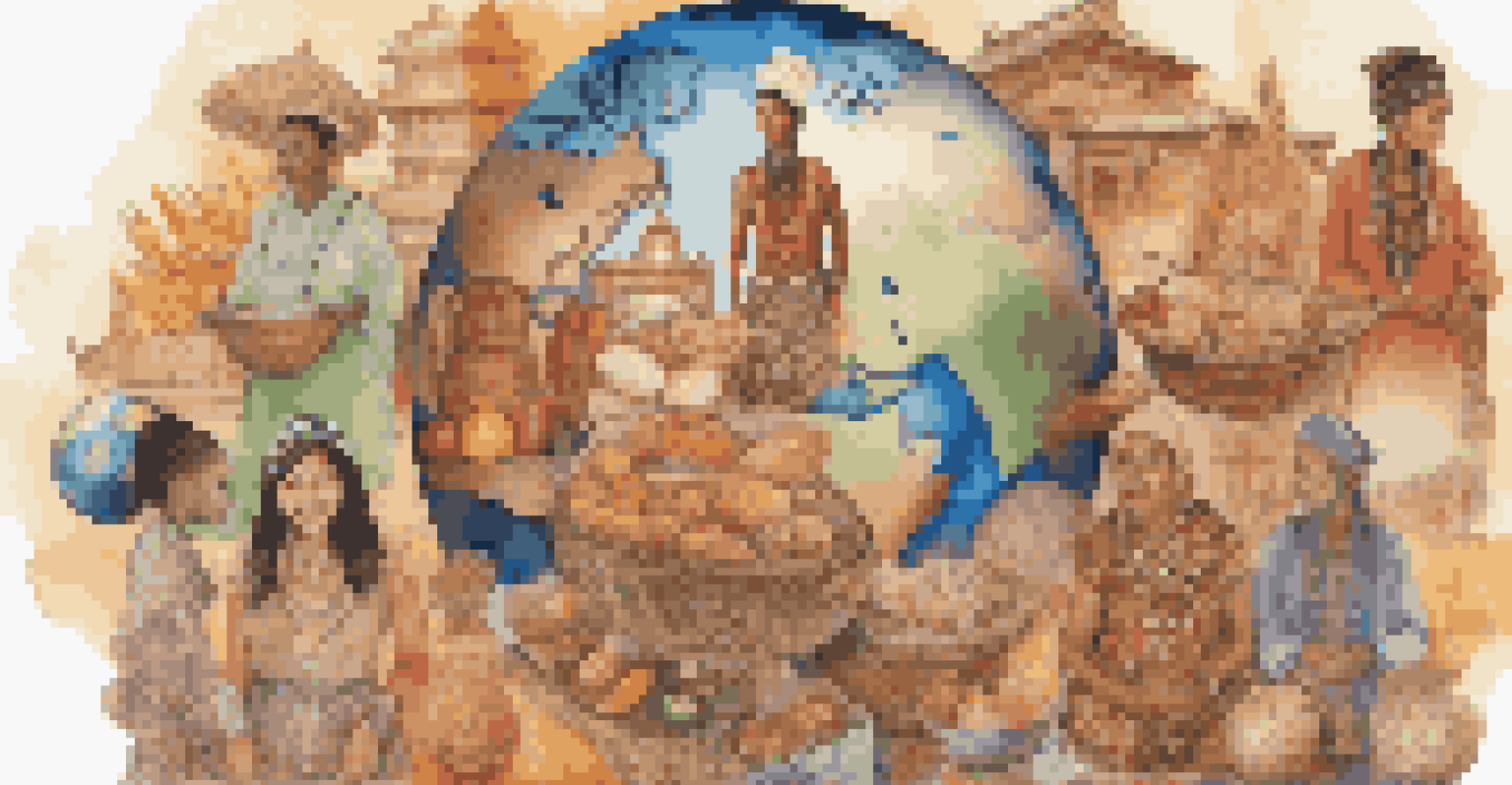 A colorful collage representing various cultures with traditional clothing, food, and symbols.