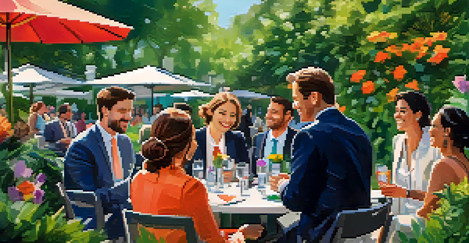 Professionals networking in a beautiful garden during a casual outdoor event, exchanging business cards.