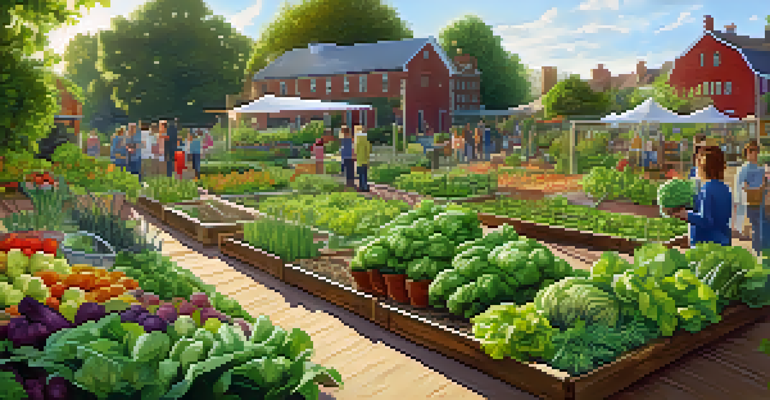 A sustainable community garden with diverse gardeners tending to vegetables and herbs in warm afternoon light.