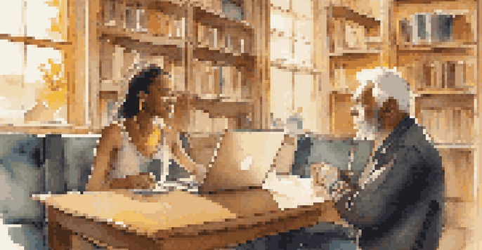 A young woman and an older man discussing in a cozy coffee shop surrounded by bookshelves.