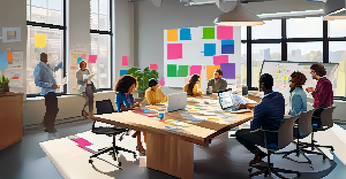 A diverse group of professionals collaborating and brainstorming around a conference table with digital devices and colorful sticky notes.