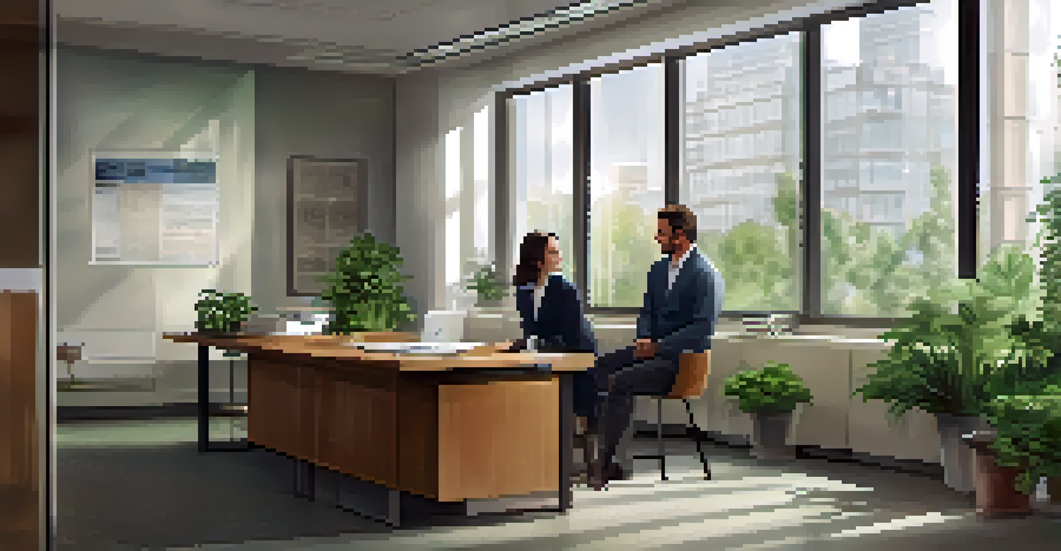 A manager and an employee engaged in a constructive conversation in a modern office, showcasing attentive listening and open communication.