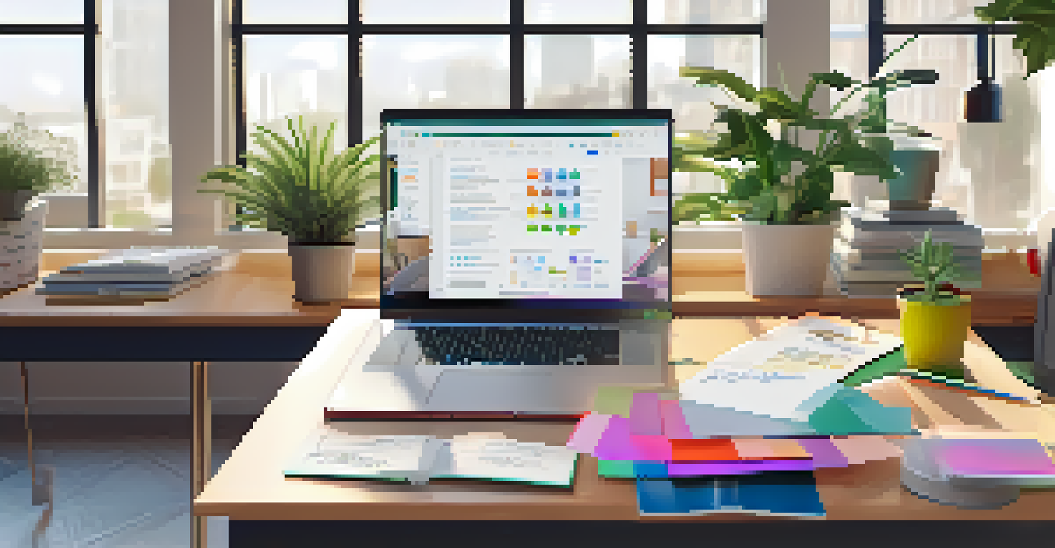 A digital workspace with an open laptop showing collaborative documents, surrounded by office supplies and a plant.