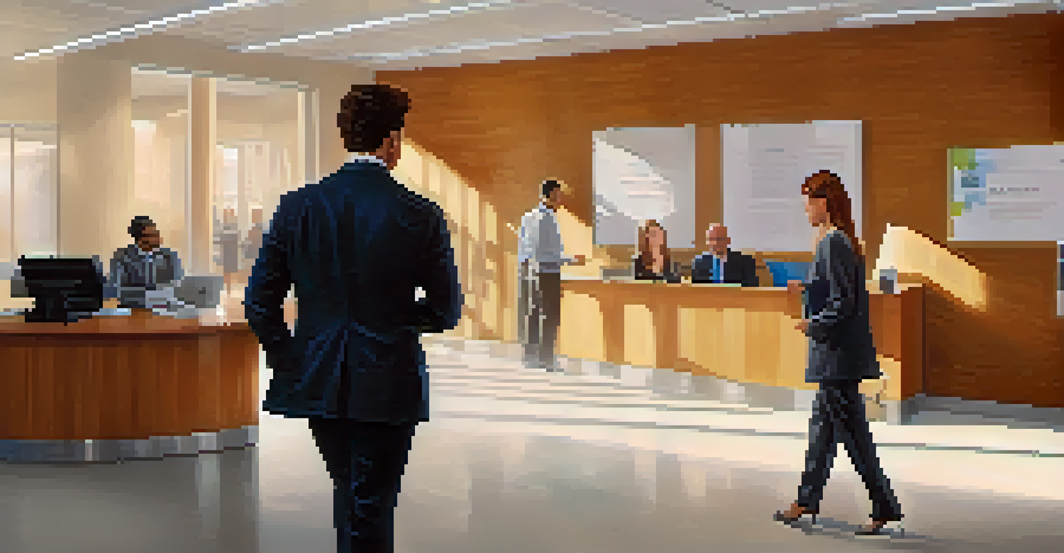 A confident individual entering a job interview holding a certification, with an office reception area in the background.