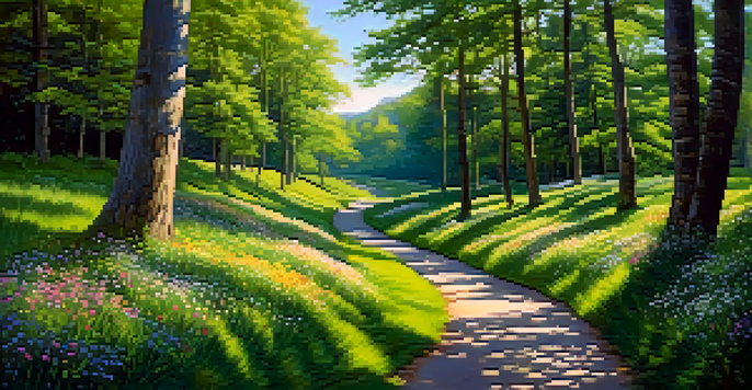 A winding path in a lush green forest with sunlight filtering through the trees, colorful wildflowers lining the path, and a gentle hill in the background.