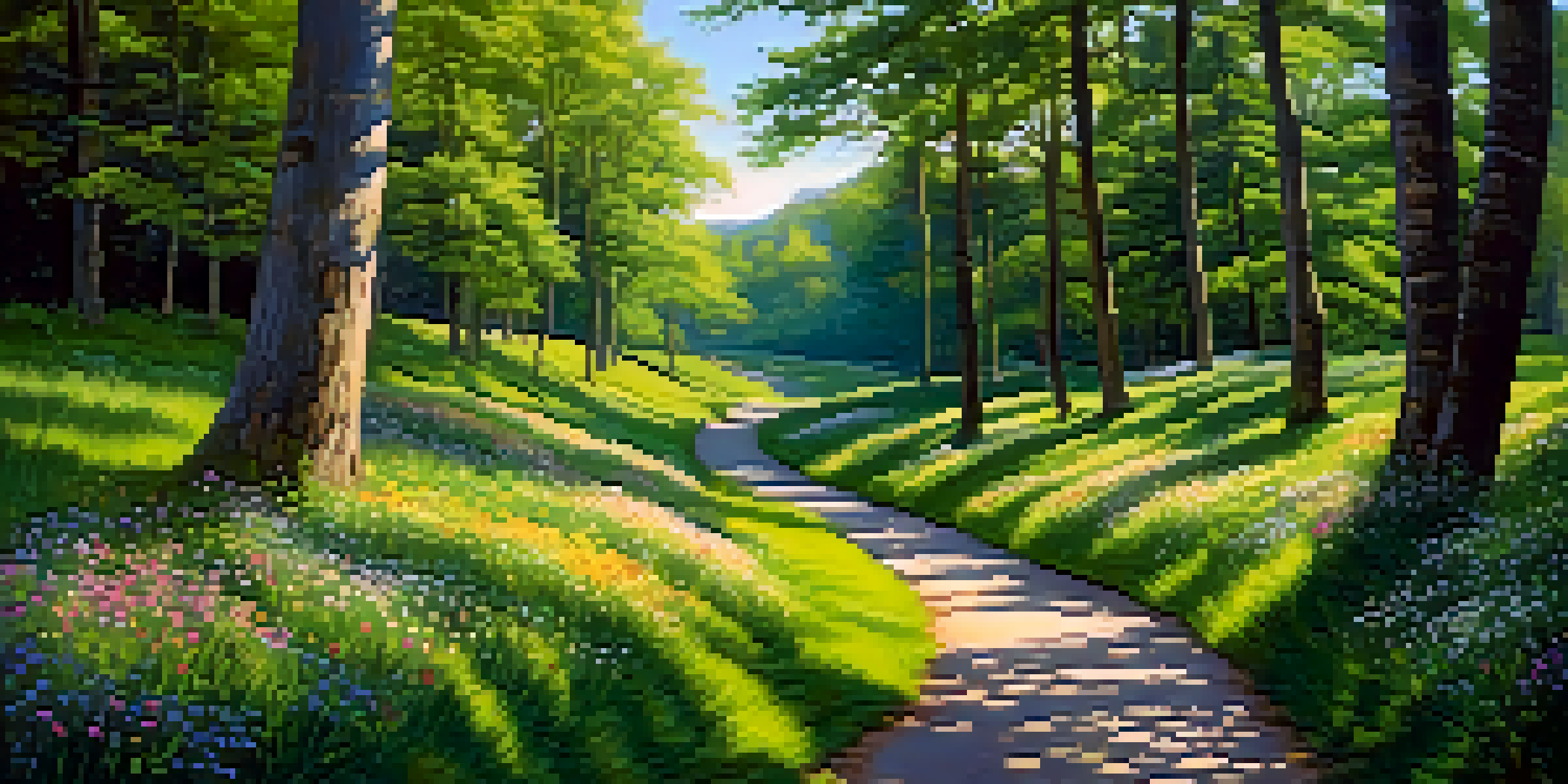 A winding path in a lush green forest with sunlight filtering through the trees, colorful wildflowers lining the path, and a gentle hill in the background.