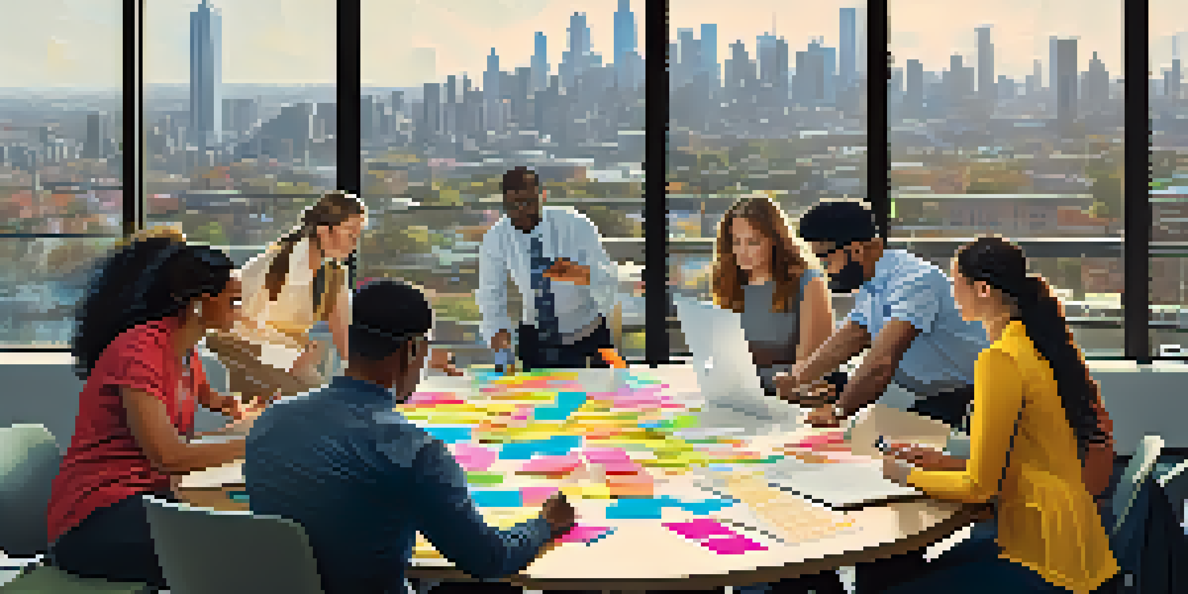 A group of diverse professionals collaborating in a bright room, surrounded by notes and digital devices, with a city skyline visible through large windows.