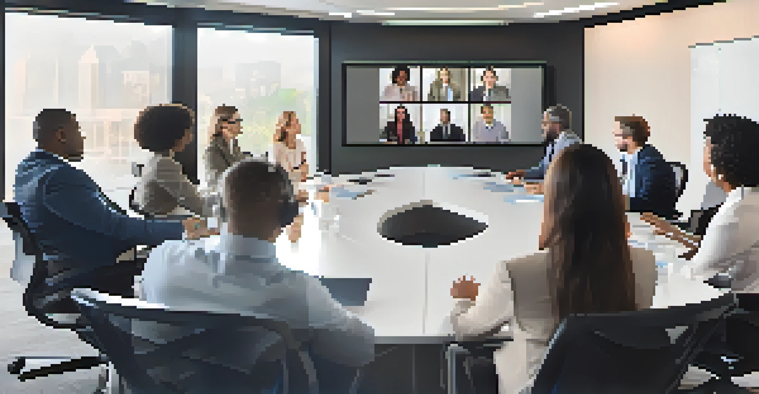 A diverse group of professionals participating in a virtual meeting in a modern conference room.