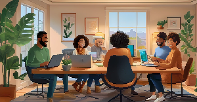 A diverse group of people participating in a virtual meeting from their home offices, smiling and engaged with each other over video call.
