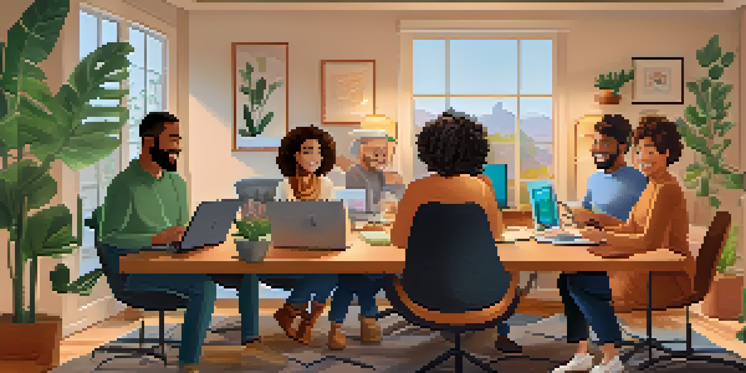 A diverse group of people participating in a virtual meeting from their home offices, smiling and engaged with each other over video call.