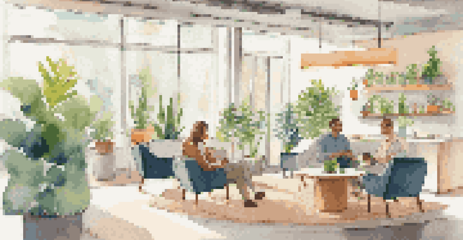 Two colleagues enjoying a conversation in a cozy office break area with coffee and plants.