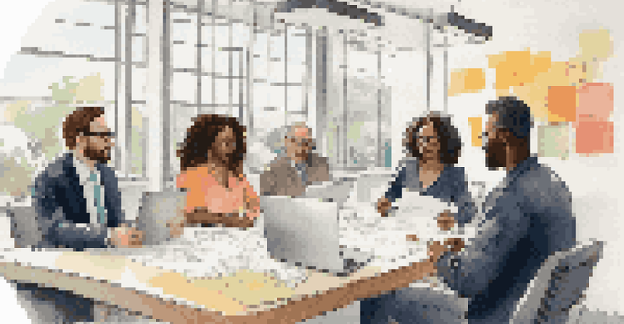 A diverse group of professionals in a bright conference room, collaborating over ideas with colorful post-it notes on the table.