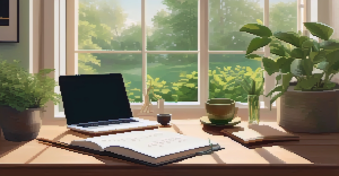 A peaceful office setting with a mindfulness journal, herbal tea, and a green plant, illuminated by soft morning light.