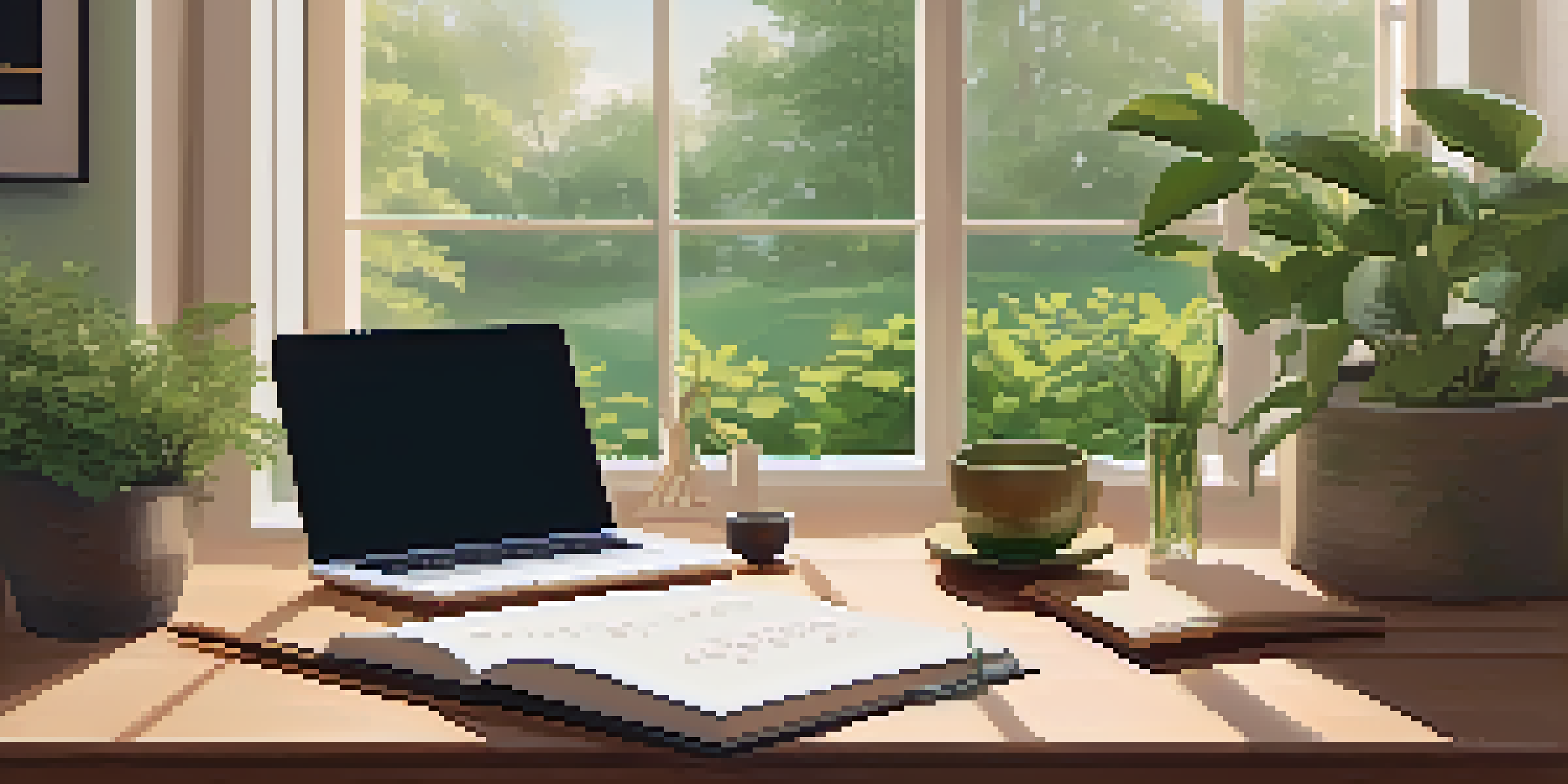 A peaceful office setting with a mindfulness journal, herbal tea, and a green plant, illuminated by soft morning light.