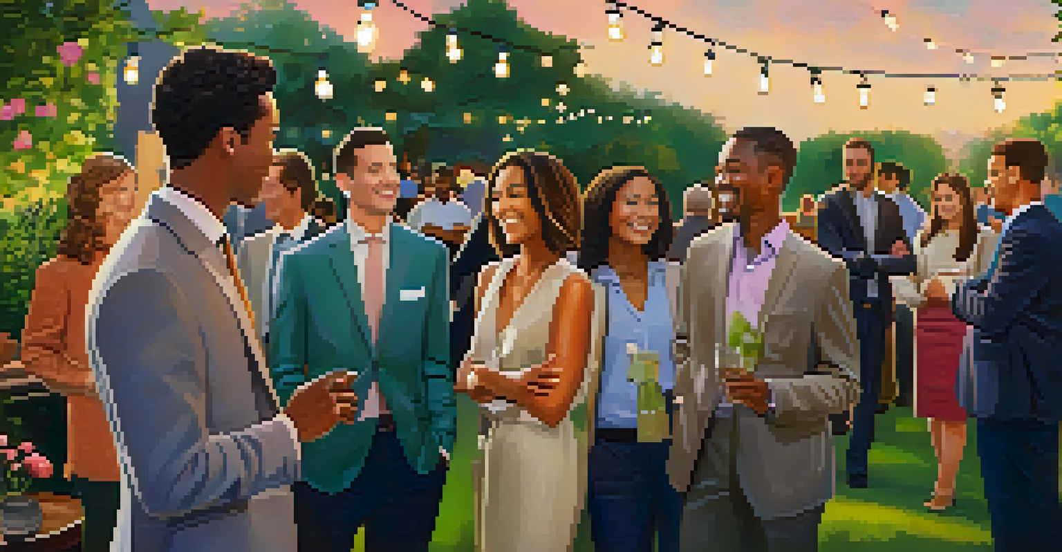 A mentor introducing her mentee to professionals at an outdoor networking event during sunset.