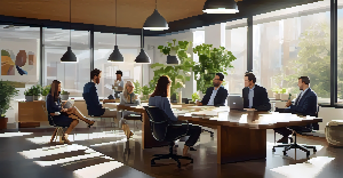 A diverse group of professionals discussing in a bright office with plants and modern decor.
