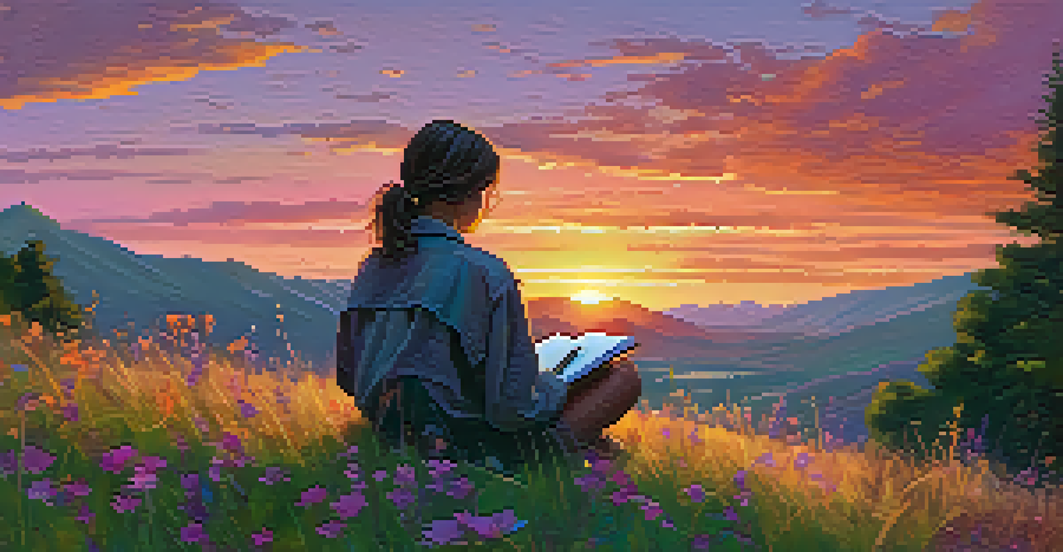 A person sitting on a grassy hill during sunset, writing in a notebook, surrounded by wildflowers under a colorful sky.
