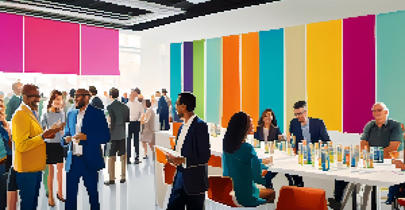 Professionals networking in a modern office space, exchanging business cards and engaging in lively conversations.