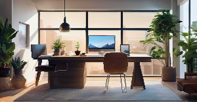 A well-organized workspace for a virtual meeting, showcasing a laptop on a desk, with plants and books in the background.