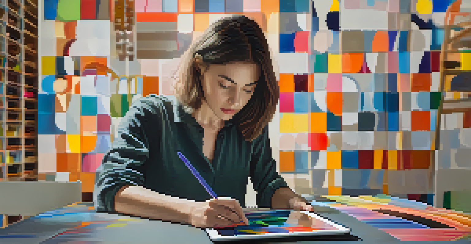 A person focused on taking a personality test on a tablet, with abstract representations of personality traits in the background.