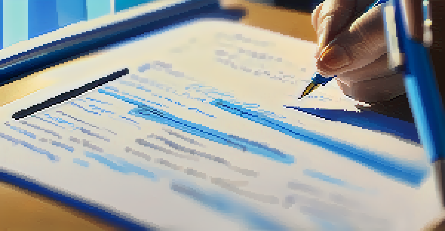 A close-up of a hand writing on a performance review form with a blue pen, office items blurred in the background.