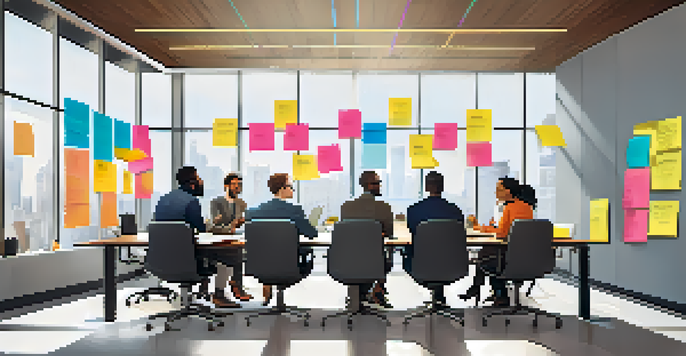 A diverse team of professionals brainstorming together in a bright conference room filled with post-it notes and digital presentations.
