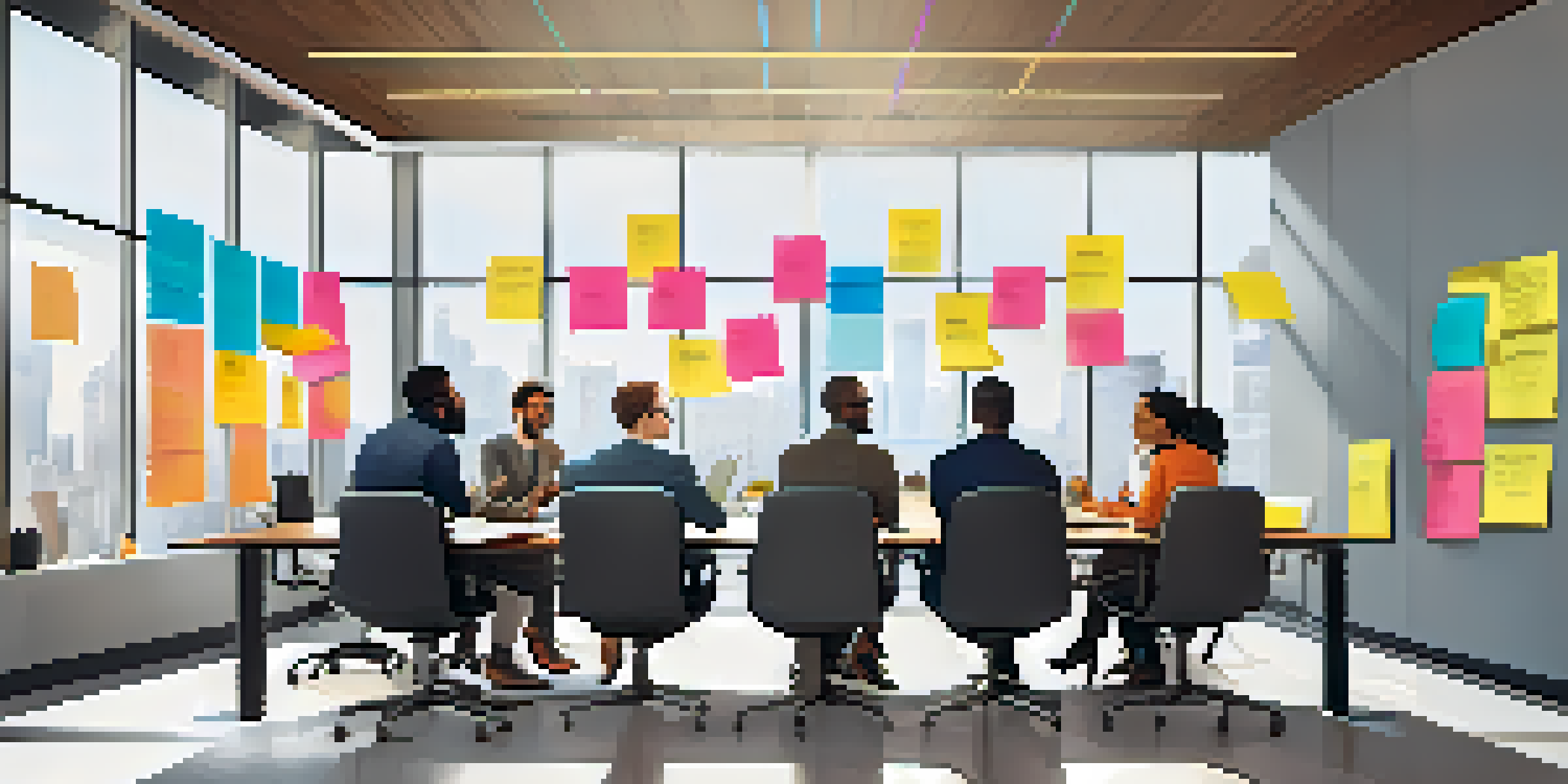 A diverse team of professionals brainstorming together in a bright conference room filled with post-it notes and digital presentations.