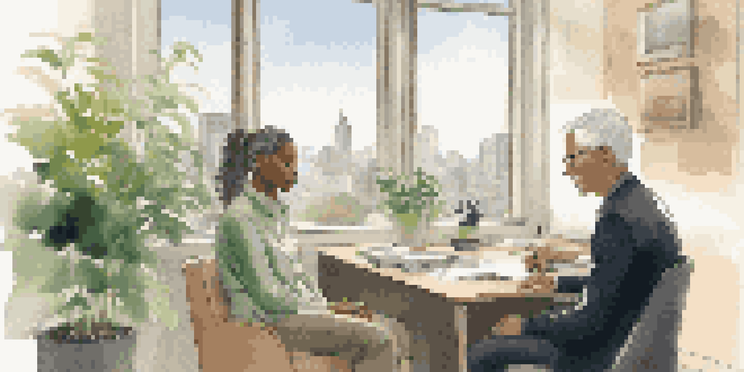 A mentor and mentee having a conversation in a well-lit office, with plants and a city skyline in the background.