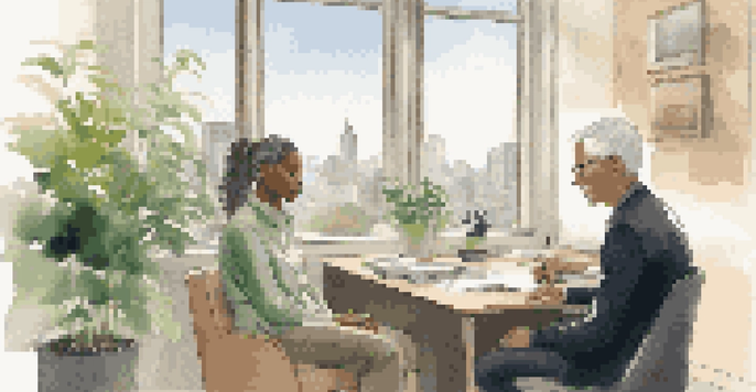 A mentor and mentee having a conversation in a well-lit office, with plants and a city skyline in the background.