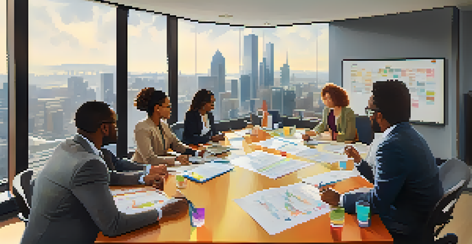 A diverse group of employees having a discussion in a conference room with a city skyline visible through a large window.