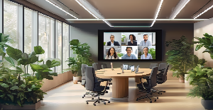 A virtual meeting room showing various team members on a video call, with plants and soft lighting for a welcoming ambiance.