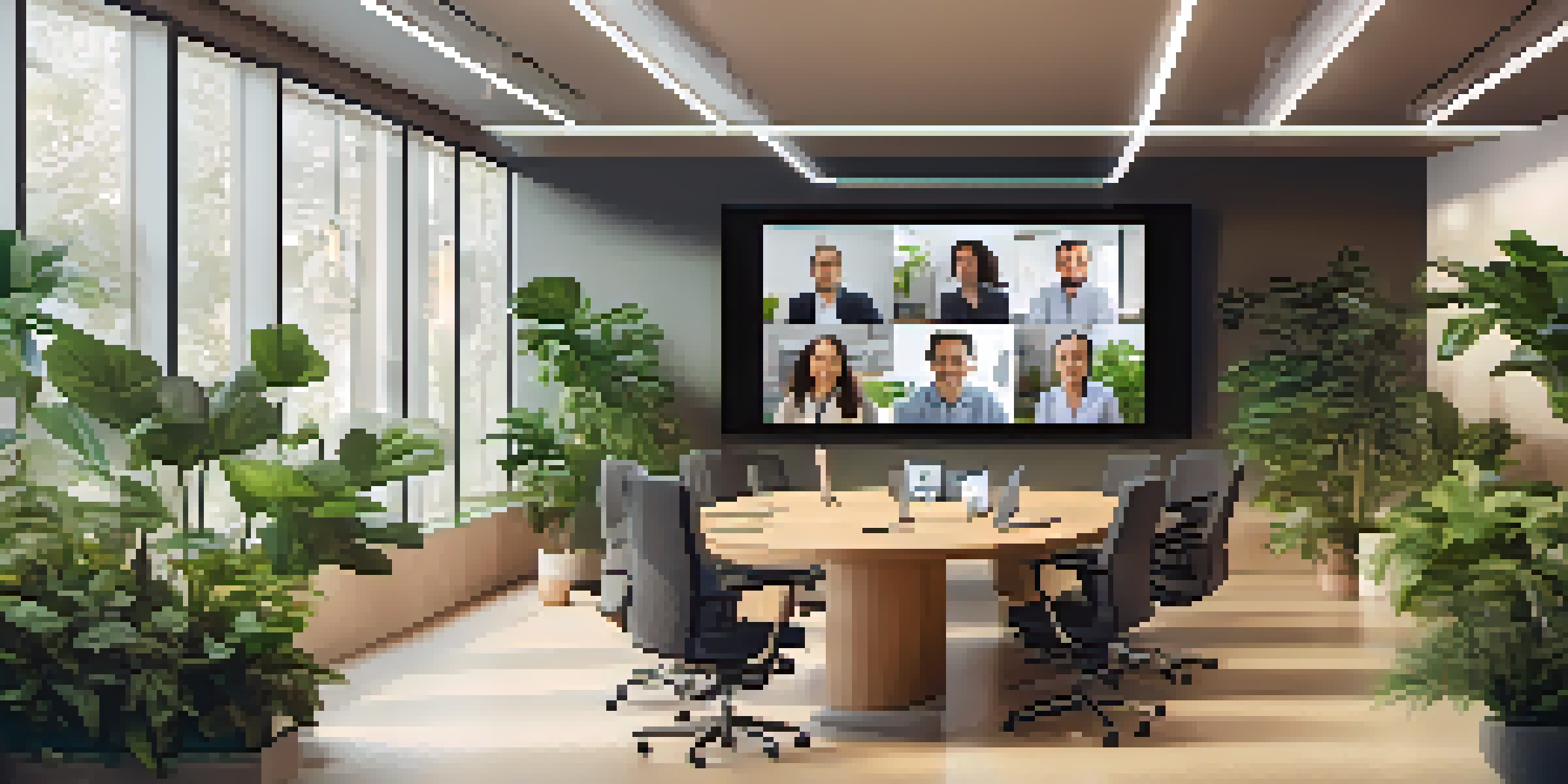 A virtual meeting room showing various team members on a video call, with plants and soft lighting for a welcoming ambiance.