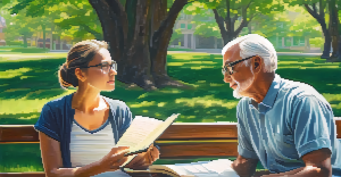 A mentor and mentee engaged in a thoughtful conversation on a park bench surrounded by lush greenery and sunlight.