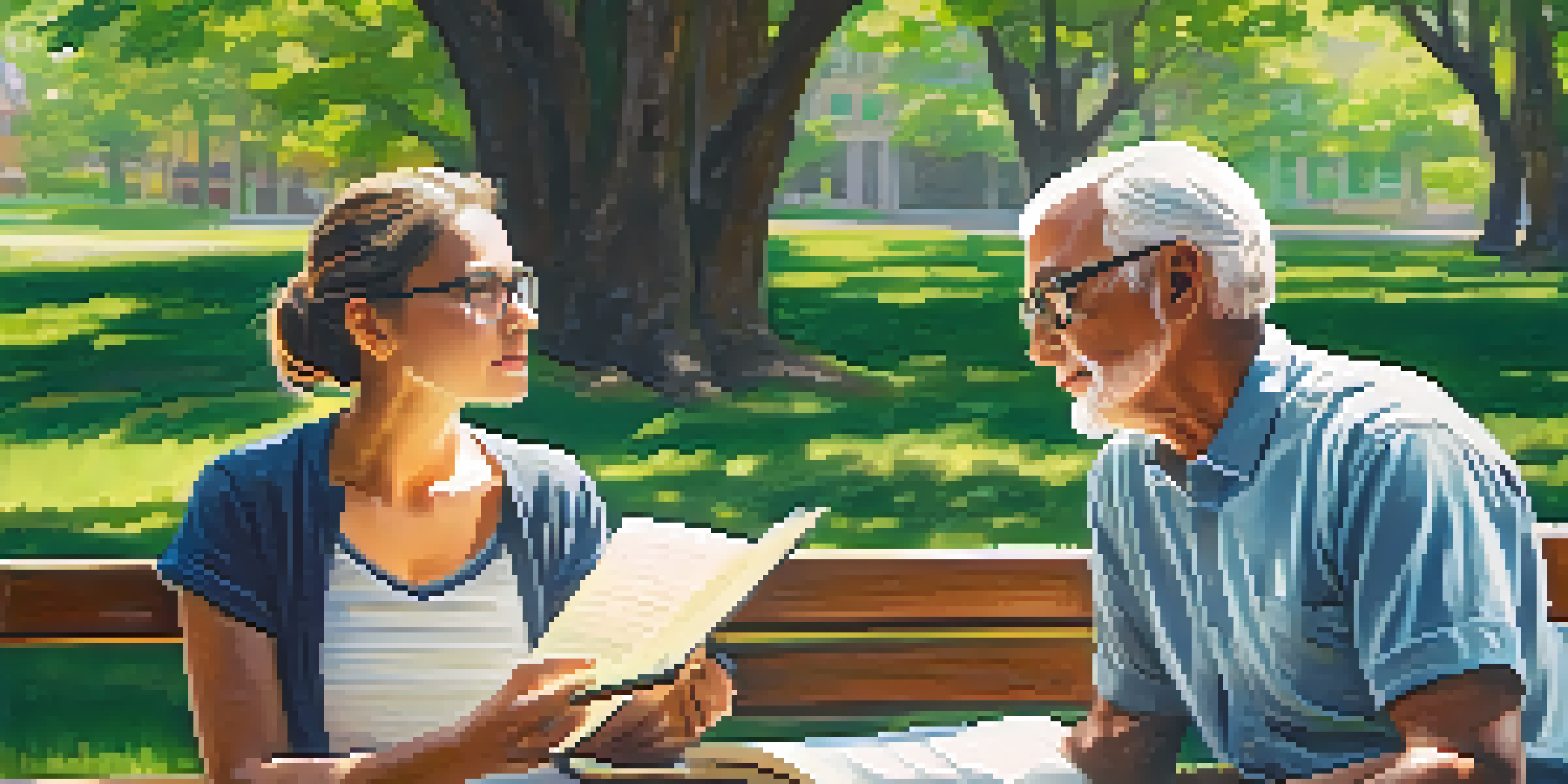 A mentor and mentee engaged in a thoughtful conversation on a park bench surrounded by lush greenery and sunlight.