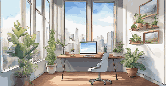 An inviting office space filled with natural light, featuring a desk with a laptop, notepad, and coffee, surrounded by plants and a view of the city skyline.