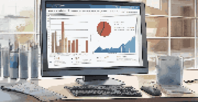 An analytical chart on a computer screen showing market trends and job postings in a modern office.