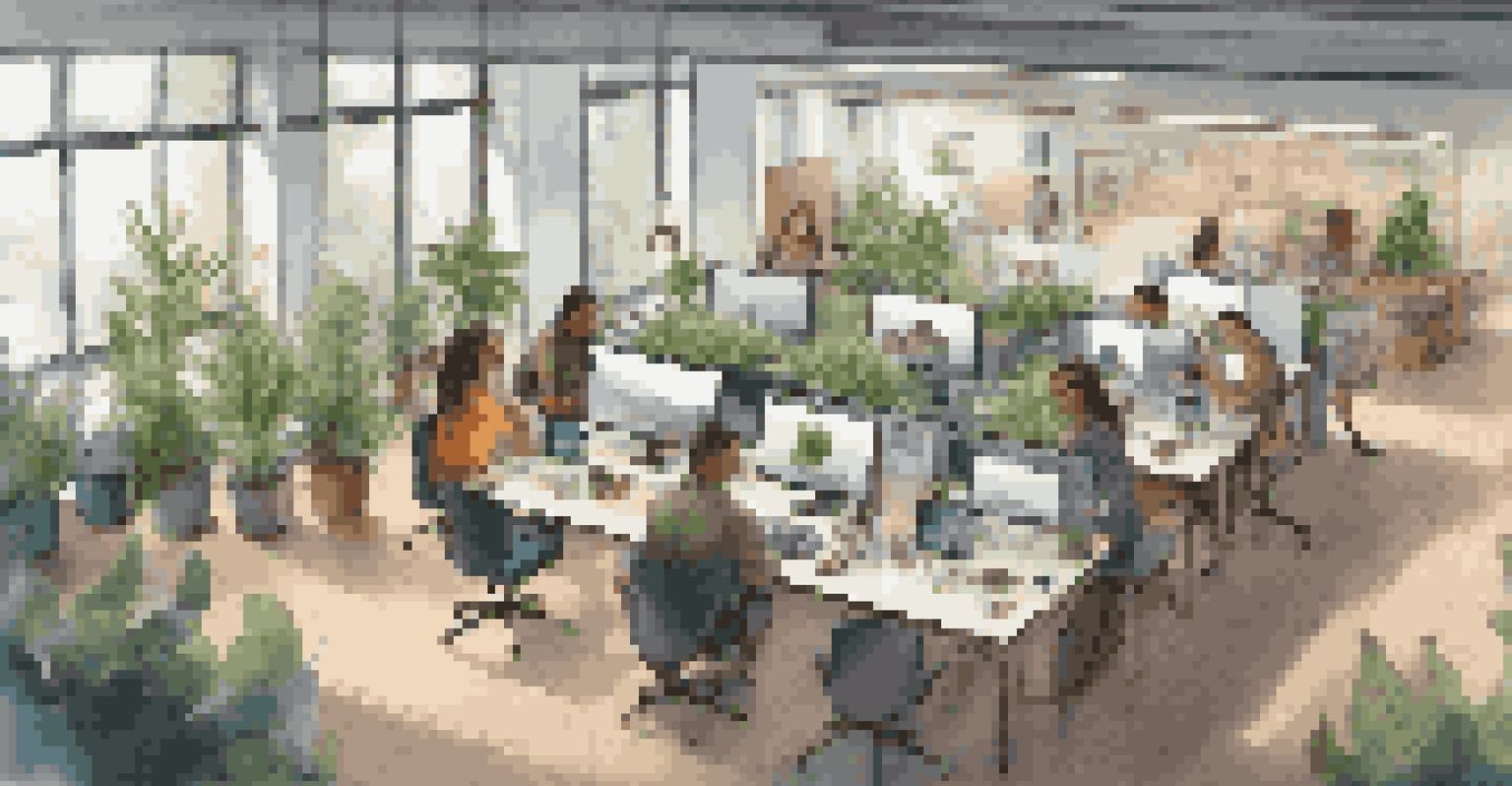 An overhead view of a modern collaborative workspace where individuals are engaged in teamwork with laptops and brainstorming materials.