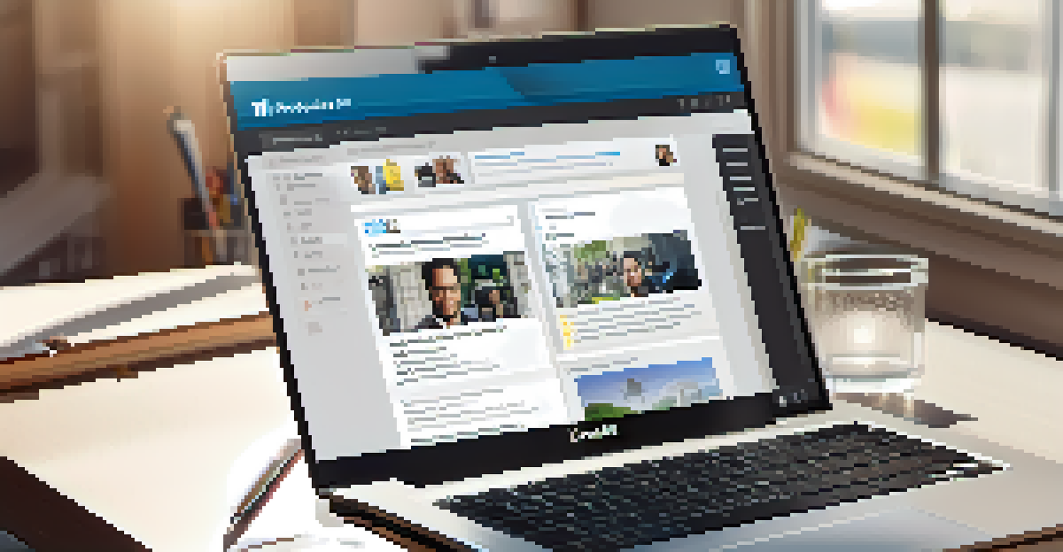 A laptop displaying a professional LinkedIn profile, surrounded by notebooks and stationery, illuminated by natural sunlight.