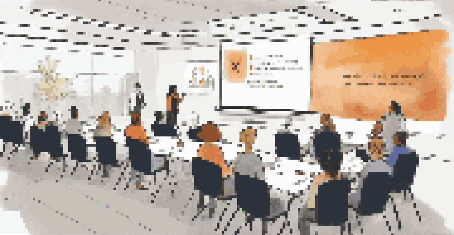 A diverse group of employees participating in a training session on incident reporting in a conference room, with a trainer presenting information on a projector.