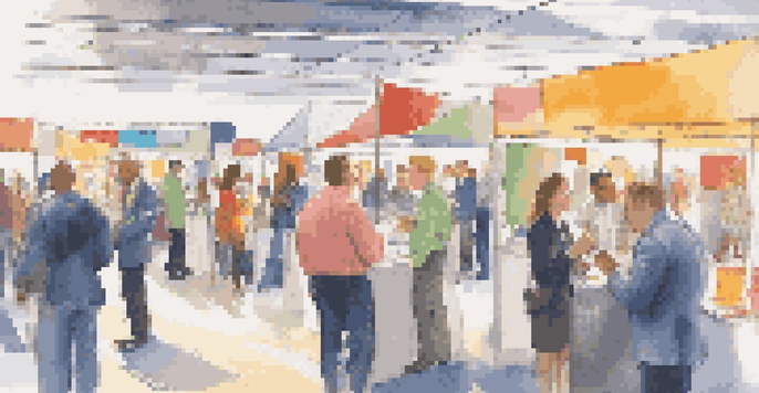 A lively career fair with diverse booths and attendees talking to recruiters, showcasing a vibrant atmosphere.