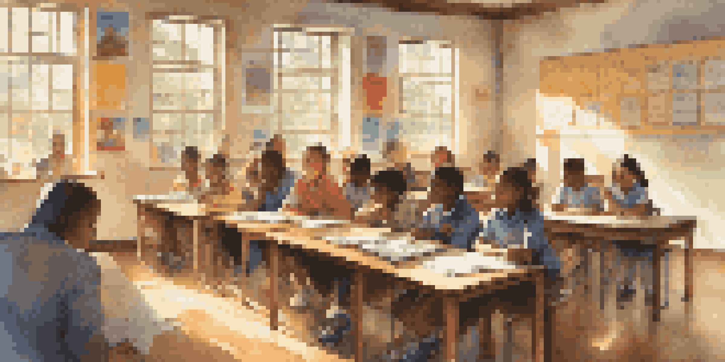 A bright classroom filled with diverse students and a teacher, with sunlight streaming through the windows and educational posters on the walls.