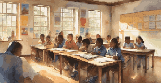 A bright classroom filled with diverse students and a teacher, with sunlight streaming through the windows and educational posters on the walls.