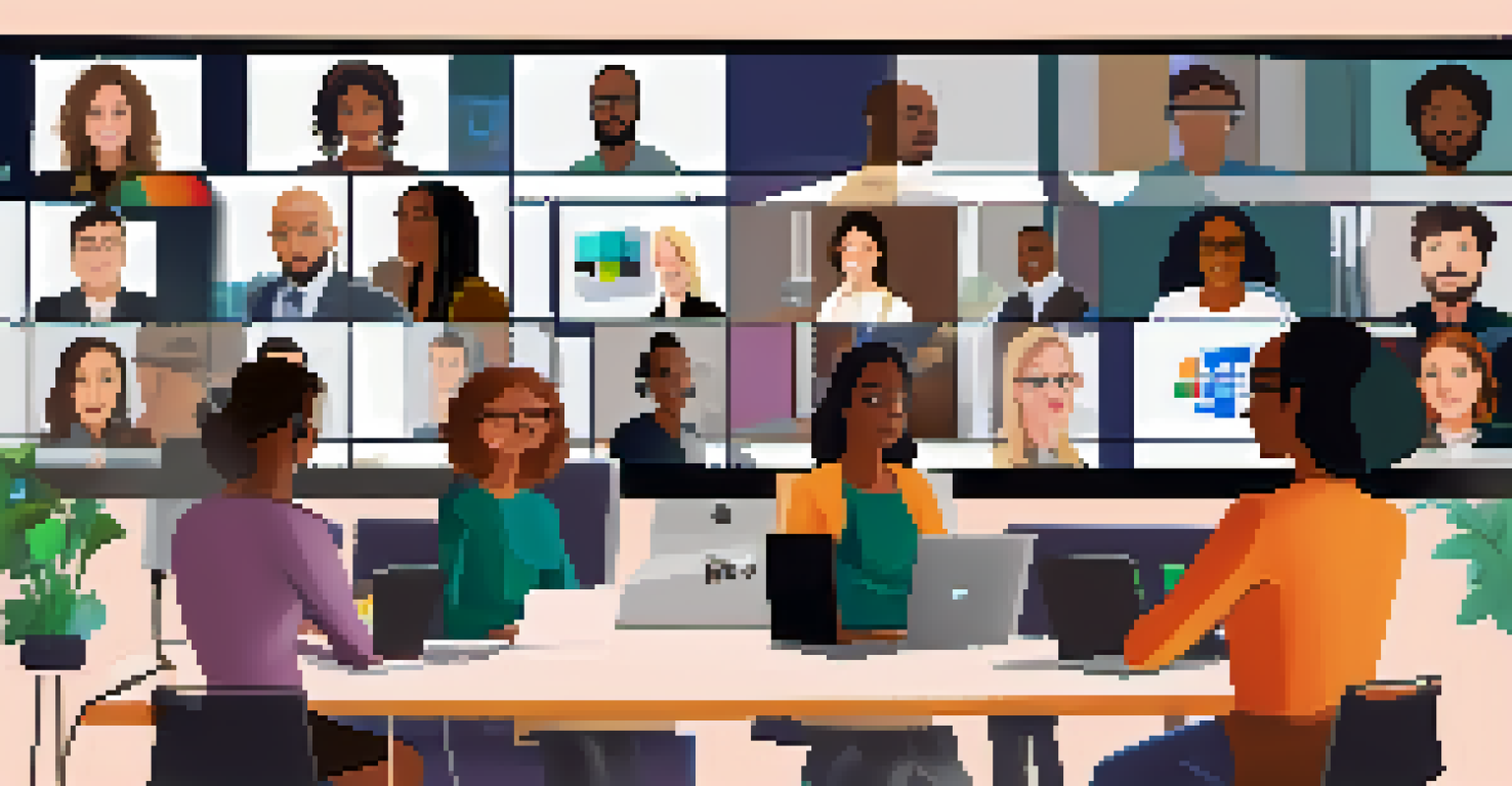 A group of diverse professionals participating in a virtual conference with AI suggestions on their screens.