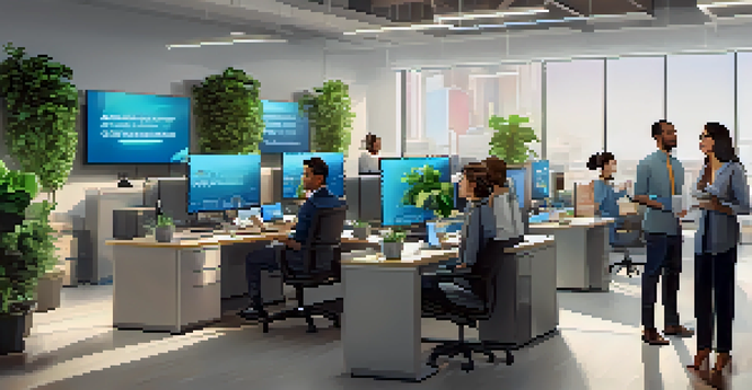 A diverse group of customer service agents working with AI technology in a modern office setting.