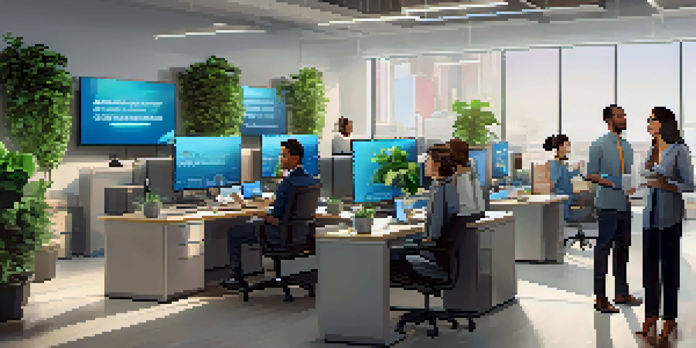 A diverse group of customer service agents working with AI technology in a modern office setting.