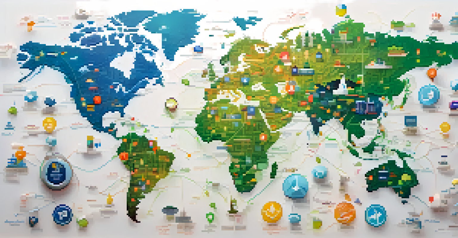 A detailed world map with highlighted countries and icons representing different global job industries.
