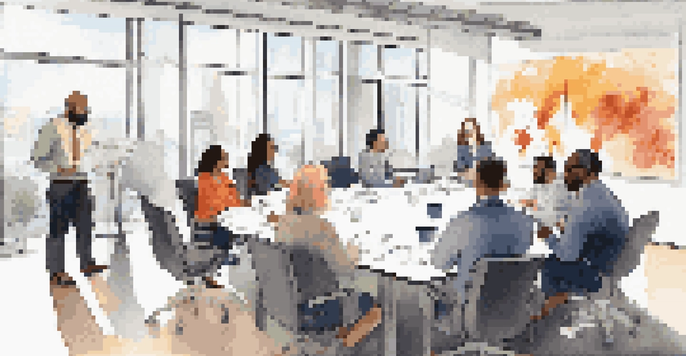A diverse group of professionals working together in a modern conference room, engaged in discussion with laptops and charts.
